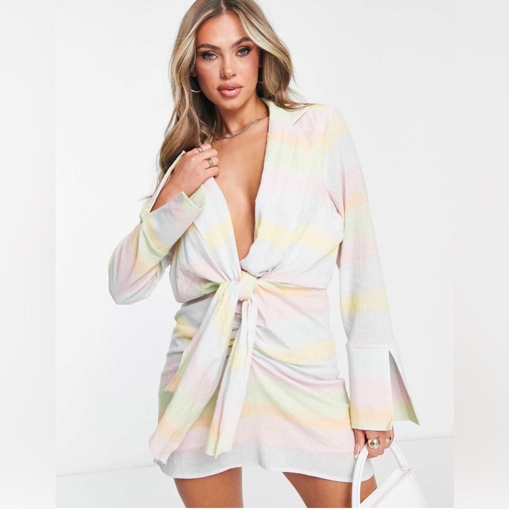 NWT - NA-KD X Louisa Wallin knot front mini shirt dress in rainbow stripe